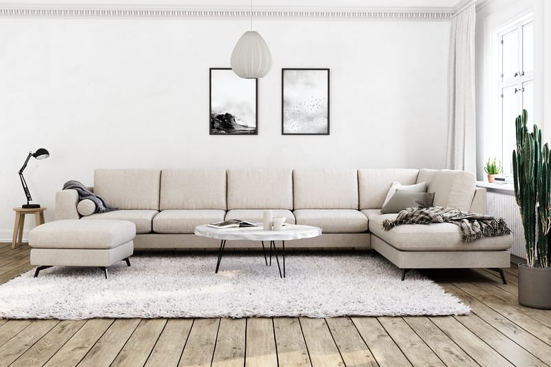 Ocean Lyx 6-seters Høyrevendt U-formet Sofa med Divan og Sjeselong + Fotskammel i Stoff - Beige - Møbler - Sofaer - U-sofa