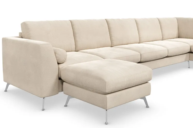 Ocean Lyx 6-seters Høyrevendt U-formet Sofa med Divan og Sjeselong + Fotskammel i Fløyel - Beige - Møbler - Sofaer - Fløyelssofaer