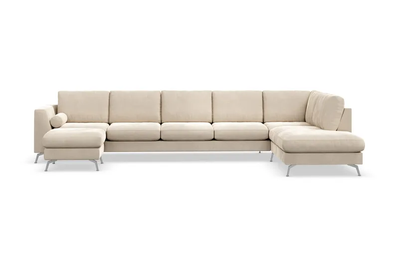 Ocean Lyx 6-seters Høyrevendt U-formet Sofa med Divan og Sjeselong + Fotskammel i Fløyel - Beige - Møbler - Sofaer - Fløyelssofaer