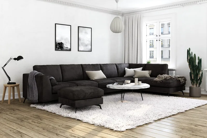 Ocean Lyx 6-seters Høyrevendt U-formet Sofa med Divan og Sjeselong + Fotskammel i Fløyel - Mørk grå - Møbler - Sofaer - Fløyelssofaer