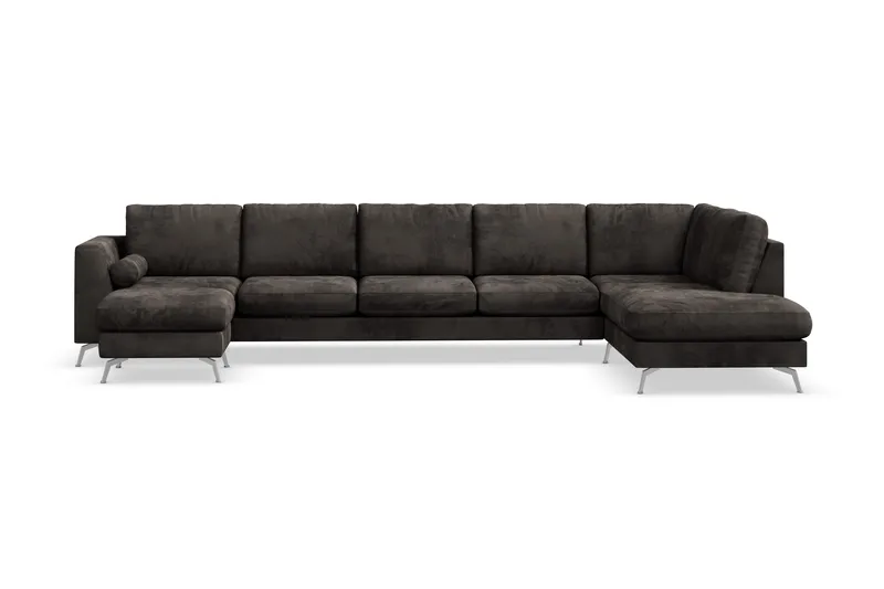 Ocean Lyx 6-seters Høyrevendt U-formet Sofa med Divan og Sjeselong + Fotskammel i Fløyel, Mørk grå