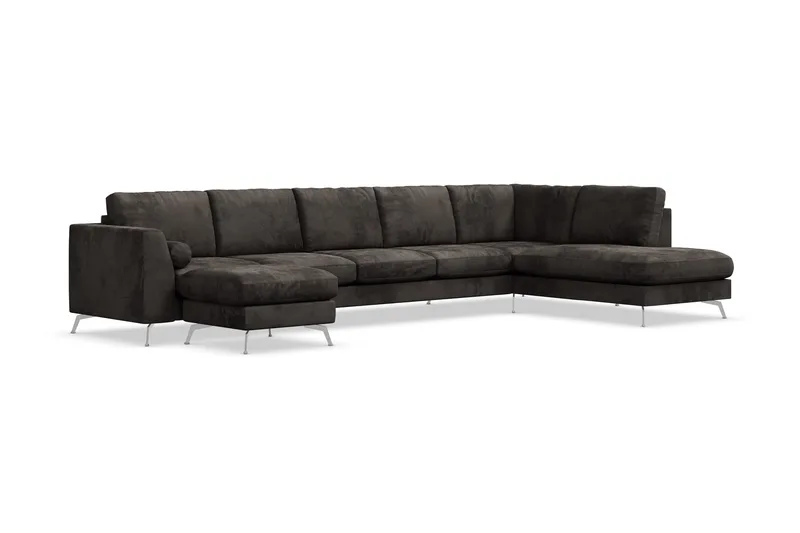 Ocean Lyx 6-seters Høyrevendt U-formet Sofa med Divan og Sjeselong + Fotskammel i Fløyel - Mørk grå - Møbler - Sofaer - Fløyelssofaer