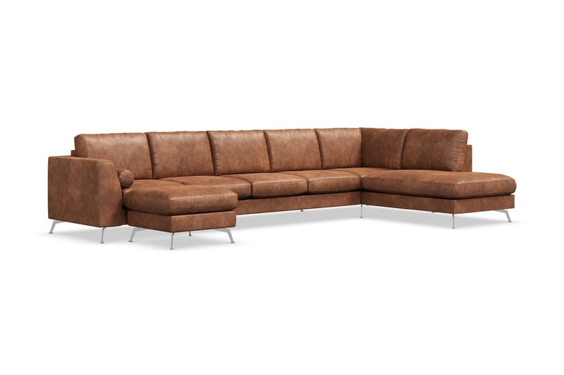 Ocean Lyx 6-seters Høyrevendt U-formet Sofa med Divan og Sjeselong + Fotskammel i Kunstlær - Brun - Møbler - Sofaer - Skinnsofaer