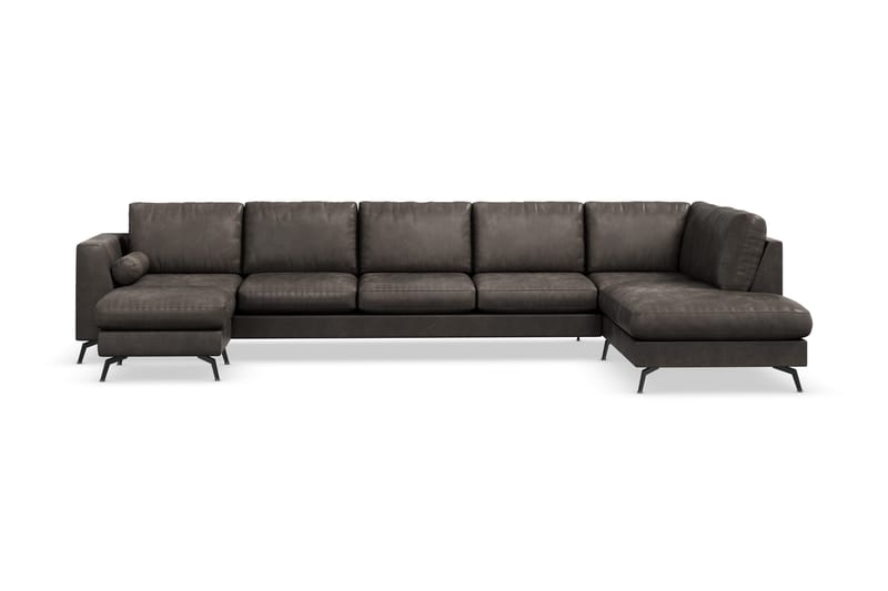 Ocean Lyx 6-seters Høyrevendt U-formet Sofa med Divan og Sjeselong + Fotskammel i Kunstlær - Mørk grå - Møbler - Sofaer - Skinnsofaer