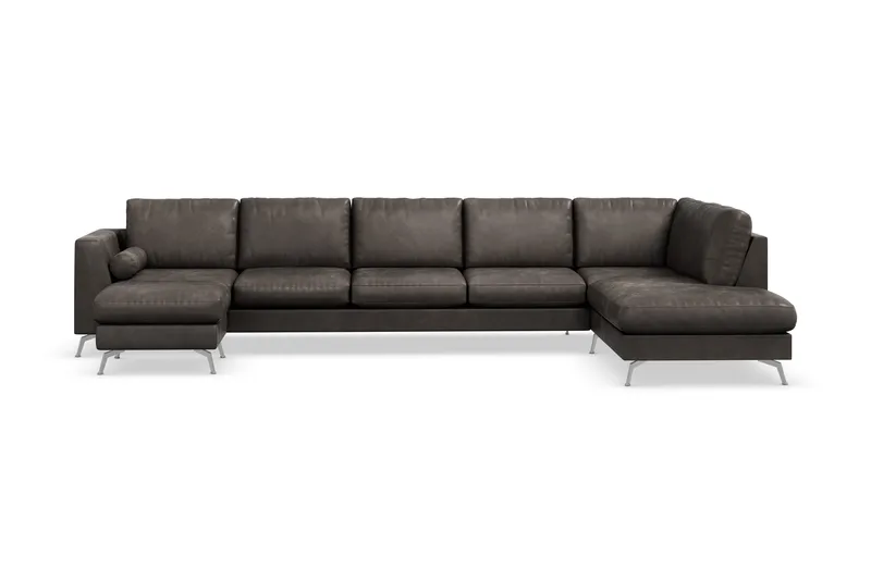 Ocean Lyx 6-seters Høyrevendt U-formet Sofa med Divan og Sjeselong + Fotskammel i Kunstlær - Mørk grå - Møbler - Sofaer - Skinnsofaer