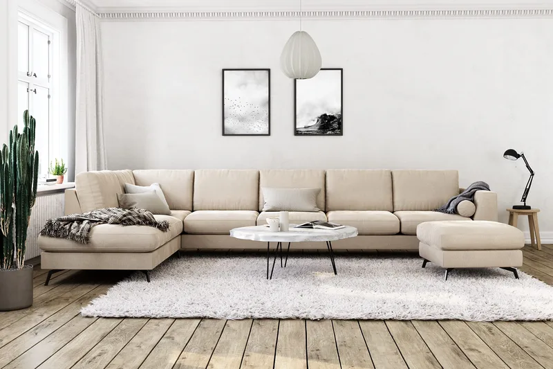 Ocean Lyx 6-seters Venstrevendt U-formet Sofa med Divan og Sjeselong + Fotskammel i Fløyel - Beige - Møbler - Sofaer - Fløyelssofaer