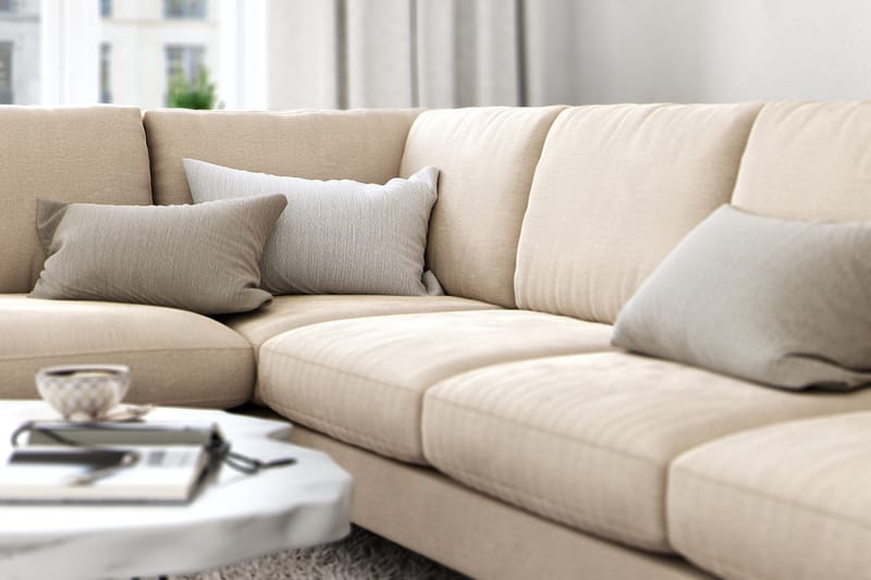 Ocean Lyx 6-seters Venstrevendt U-formet Sofa med Divan og Sjeselong + Fotskammel i Fløyel - Beige - Møbler - Sofaer - Sofaer med sjeselong
