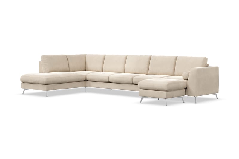 Ocean Lyx 6-seters Venstrevendt U-formet Sofa med Divan og Sjeselong + Fotskammel i Fløyel - Beige - Møbler - Sofaer - Sofaer med sjeselong