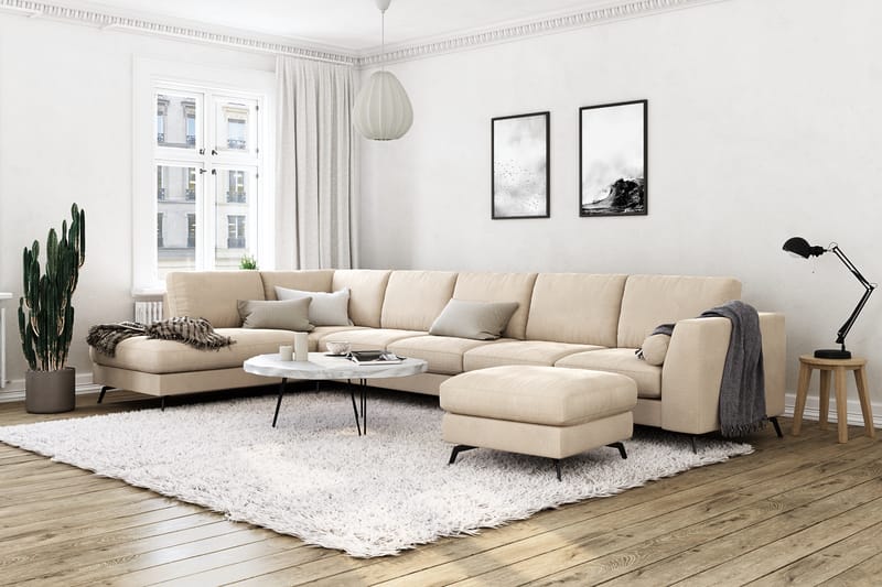 Ocean Lyx 6-seters Venstrevendt U-formet Sofa med Divan og Sjeselong + Fotskammel i Fløyel - Beige - Møbler - Sofaer - Sofaer med sjeselong