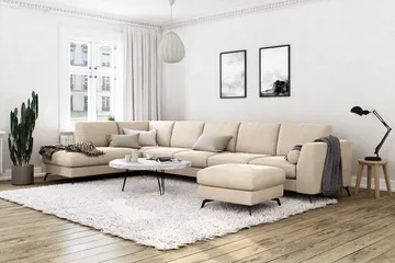 Ocean Lyx 6-seters Venstrevendt U-formet Sofa med Divan og Sjeselong + Fotskammel i Fløyel - Beige - Møbler - Sofaer - Fløyelssofaer