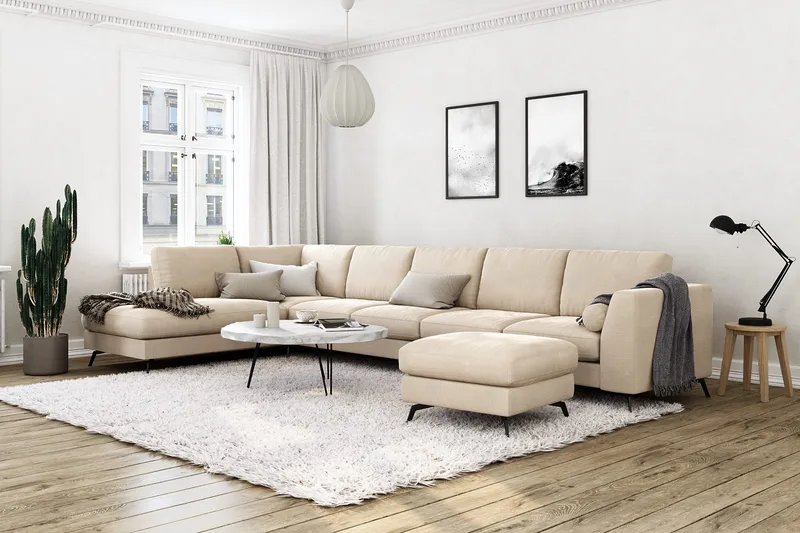Ocean Lyx 6-seters Venstrevendt U-formet Sofa med Divan og Sjeselong + Fotskammel i Fløyel - Beige - Møbler - Sofaer - Fløyelssofaer