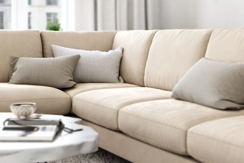 Ocean Lyx 6-seters Venstrevendt U-formet Sofa med Divan og Sjeselong + Fotskammel i Fløyel - Beige - Møbler - Sofaer - Fløyelssofaer