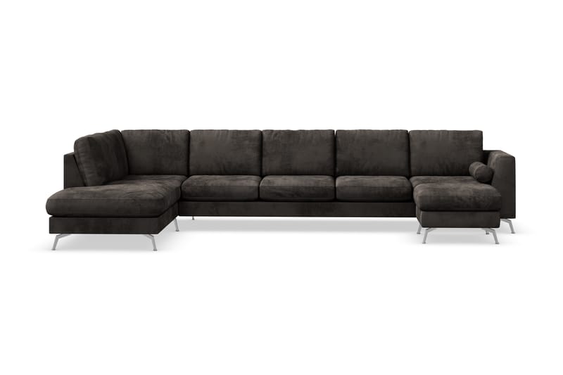 Ocean Lyx 6-seters Venstrevendt U-formet Sofa med Divan og Sjeselong + Fotskammel i Fløyel - Mørk grå - Møbler - Sofaer - Sofaer med sjeselong