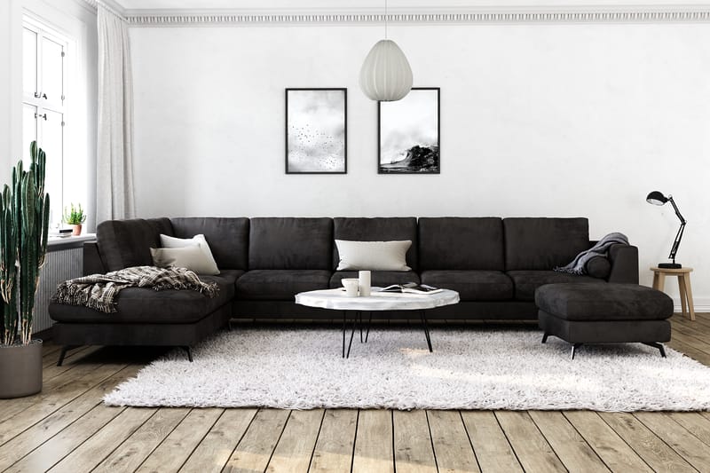 Ocean Lyx 6-seters Venstrevendt U-formet Sofa med Divan og Sjeselong + Fotskammel i Fløyel - Mørk grå - Møbler - Sofaer - Sofaer med sjeselong