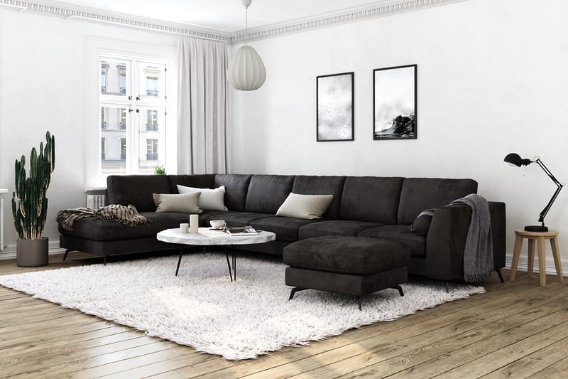 Ocean Lyx 6-seters Venstrevendt U-formet Sofa med Divan og Sjeselong + Fotskammel i Fløyel - Mørk grå - Møbler - Sofaer - Sofaer med sjeselong