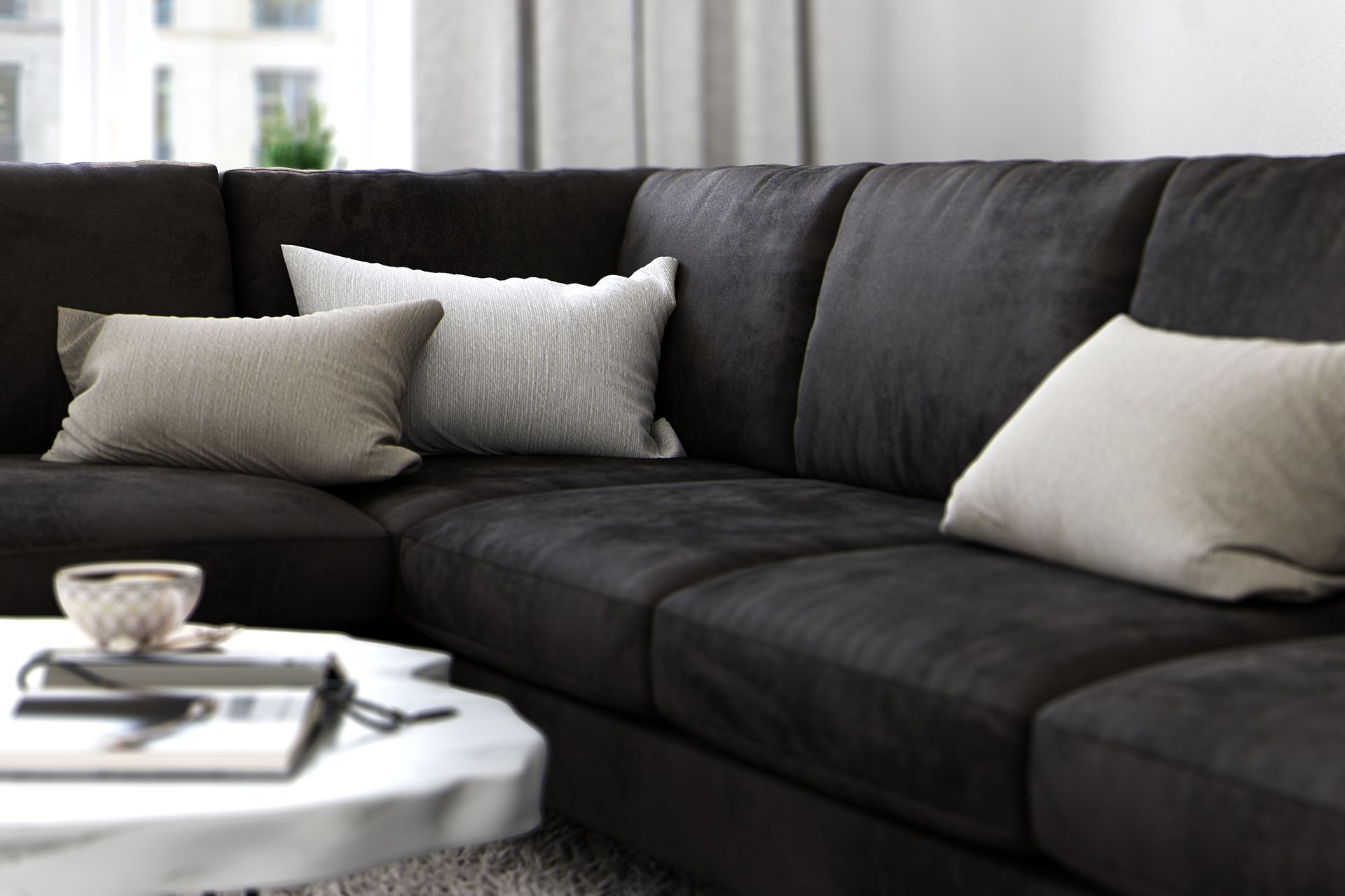 Ocean Lyx 6-seters Venstrevendt U-formet Sofa med Divan og Sjeselong + Fotskammel i Fløyel - Mørk grå - Møbler - Sofaer - Fløyelssofaer