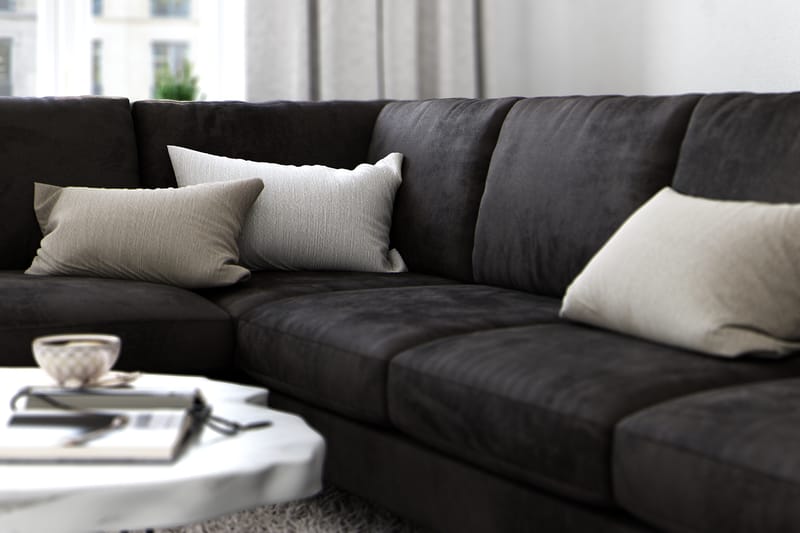 Ocean Lyx 6-seters Venstrevendt U-formet Sofa med Divan og Sjeselong + Fotskammel i Fløyel - Mørk grå - Møbler - Sofaer - Sofaer med sjeselong