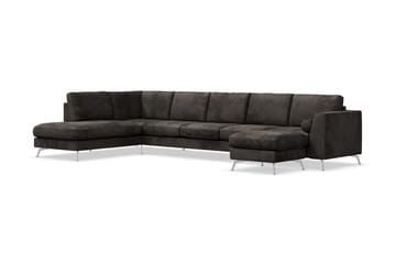 Ocean Lyx 6-seters Venstrevendt U-formet Sofa med Divan og Sjeselong + Fotskammel i Fløyel - Mørk grå - Møbler - Sofaer - Sofaer med sjeselong