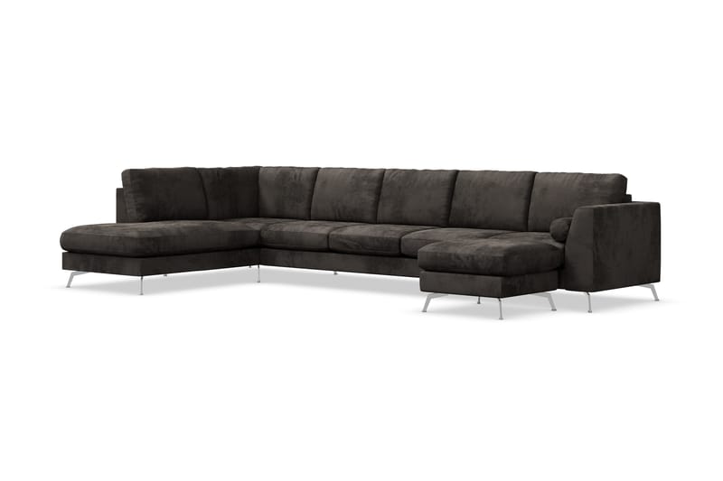 Ocean Lyx 6-seters Venstrevendt U-formet Sofa med Divan og Sjeselong + Fotskammel i Fløyel - Mørk grå - Møbler - Sofaer - Sofaer med sjeselong