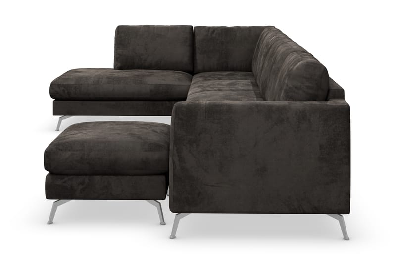 Ocean Lyx 6-seters Venstrevendt U-formet Sofa med Divan og Sjeselong + Fotskammel i Fløyel - Mørk grå - Møbler - Sofaer - Sofaer med sjeselong