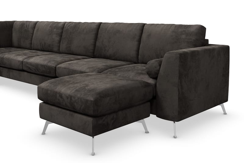 Ocean Lyx 6-seters Venstrevendt U-formet Sofa med Divan og Sjeselong + Fotskammel i Fløyel - Mørk grå - Møbler - Sofaer - Sofaer med sjeselong