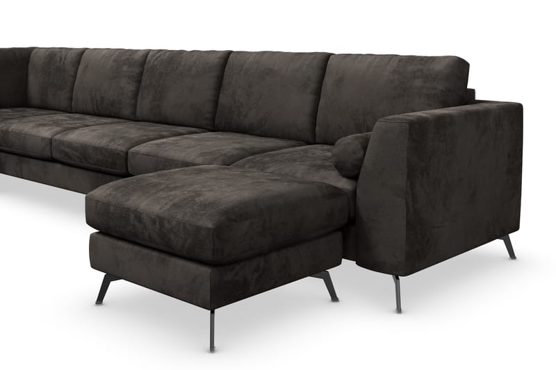 Ocean Lyx 6-seters Venstrevendt U-formet Sofa med Divan og Sjeselong + Fotskammel i Fløyel - Mørk grå - Møbler - Sofaer - Sofaer med sjeselong