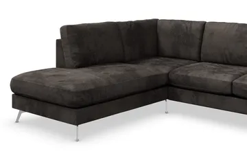 Ocean Lyx 6-seters Venstrevendt U-formet Sofa med Divan og Sjeselong + Fotskammel i Fløyel - Mørk grå - Møbler - Sofaer - Fløyelssofaer