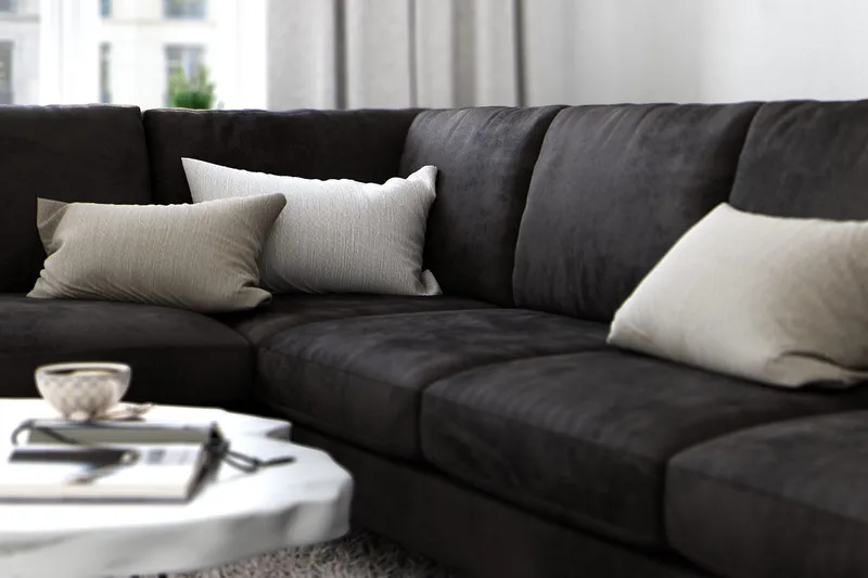 Ocean Lyx 6-seters Venstrevendt U-formet Sofa med Divan og Sjeselong + Fotskammel i Fløyel - Mørk grå - Møbler - Sofaer - Fløyelssofaer