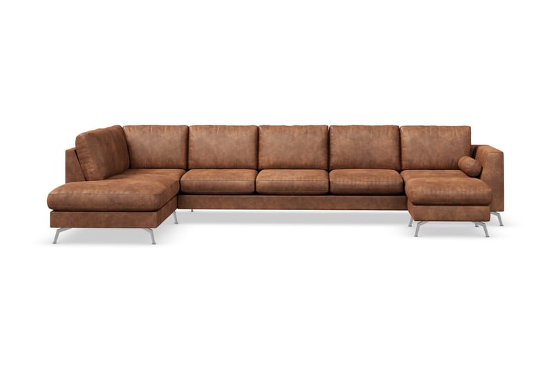 Ocean Lyx 6-seters Venstrevendt U-formet Sofa med Divan og Sjeselong + Fotskammel i Kunstlær - Brun - Møbler - Sofaer - Sofaer med sjeselong