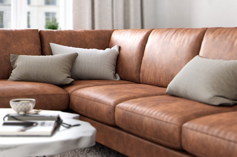 Ocean Lyx 6-seters Venstrevendt U-formet Sofa med Divan og Sjeselong + Fotskammel i Kunstlær - Brun - Møbler - Sofaer - Sofaer med sjeselong