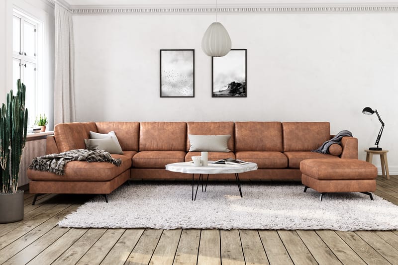 Ocean Lyx 6-seters Venstrevendt U-formet Sofa med Divan og Sjeselong + Fotskammel i Kunstlær - Brun - Møbler - Sofaer - Sofaer med sjeselong