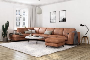 Ocean Lyx 6-seters Venstrevendt U-formet Sofa med Divan og Sjeselong + Fotskammel i Kunstlær - Brun - Møbler - Sofaer - Sofaer med sjeselong