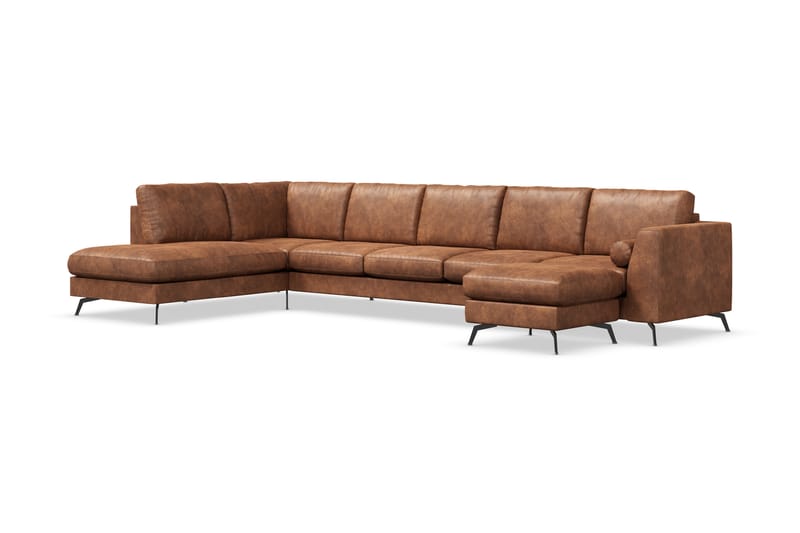 Ocean Lyx 6-seters Venstrevendt U-formet Sofa med Divan og Sjeselong + Fotskammel i Kunstlær - Brun - Møbler - Sofaer - Sofaer med sjeselong