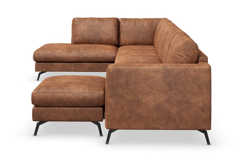 Ocean Lyx 6-seters Venstrevendt U-formet Sofa med Divan og Sjeselong + Fotskammel i Kunstlær - Brun - Møbler - Sofaer - Sofaer med sjeselong