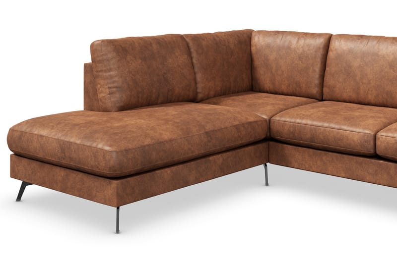 Ocean Lyx 6-seters Venstrevendt U-formet Sofa med Divan og Sjeselong + Fotskammel i Kunstlær - Brun - Møbler - Sofaer - Sofaer med sjeselong