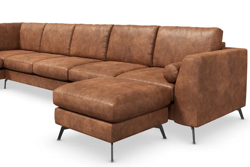Ocean Lyx 6-seters Venstrevendt U-formet Sofa med Divan og Sjeselong + Fotskammel i Kunstlær - Brun - Møbler - Sofaer - Skinnsofaer