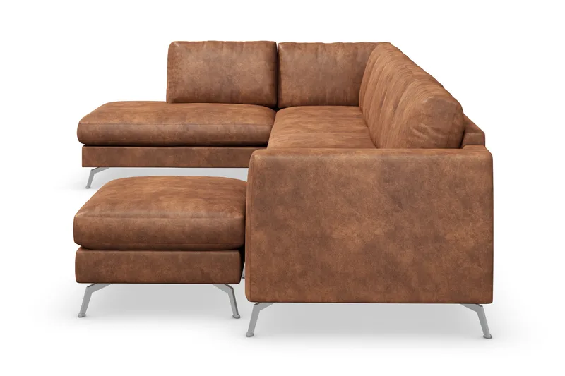 Ocean Lyx 6-seters Venstrevendt U-formet Sofa med Divan og Sjeselong + Fotskammel i Kunstlær - Brun - Møbler - Sofaer - Skinnsofaer