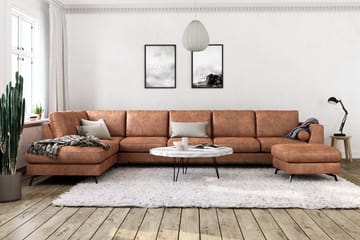 Ocean Lyx 6-seters Venstrevendt U-formet Sofa med Divan og Sjeselong + Fotskammel i Kunstlær - Brun - Møbler - Sofaer - Skinnsofaer