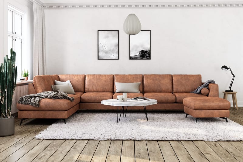 Ocean Lyx 6-seters Venstrevendt U-formet Sofa med Divan og Sjeselong + Fotskammel i Kunstlær - Brun - Møbler - Sofaer - Skinnsofaer