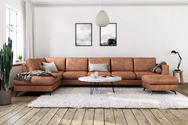 Ocean Lyx 6-seters Venstrevendt U-formet Sofa med Divan og Sjeselong + Fotskammel i Kunstlær - Brun - Møbler - Sofaer - Skinnsofaer