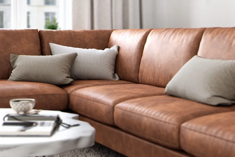 Ocean Lyx 6-seters Venstrevendt U-formet Sofa med Divan og Sjeselong + Fotskammel i Kunstlær - Brun - Møbler - Sofaer - Skinnsofaer