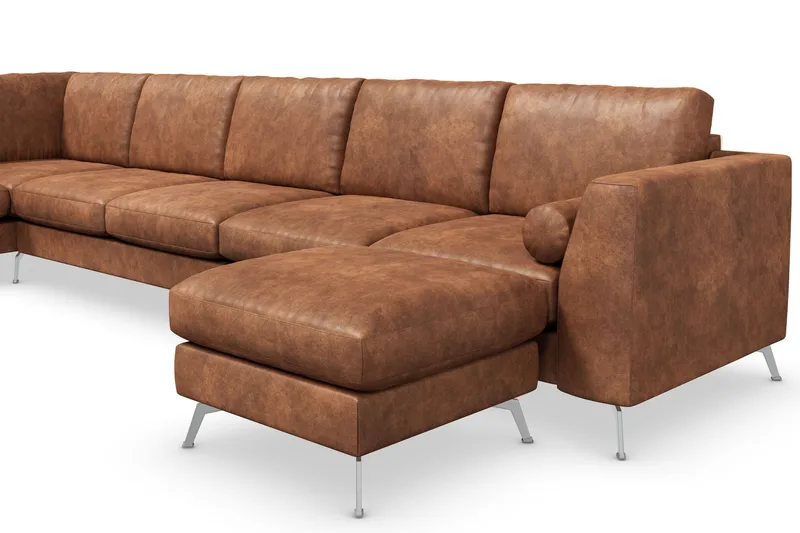Ocean Lyx 6-seters Venstrevendt U-formet Sofa med Divan og Sjeselong + Fotskammel i Kunstlær - Brun - Møbler - Sofaer - Skinnsofaer