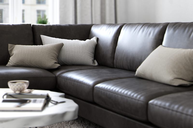 Ocean Lyx 6-seters Venstrevendt U-formet Sofa med Divan og Sjeselong + Fotskammel i Kunstlær - Mørk grå - Møbler - Sofaer - Sofaer med sjeselong