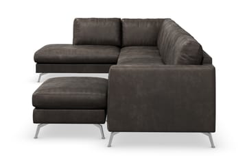 Ocean Lyx 6-seters Venstrevendt U-formet Sofa med Divan og Sjeselong + Fotskammel i Kunstlær - Mørk grå - Møbler - Sofaer - Sofaer med sjeselong