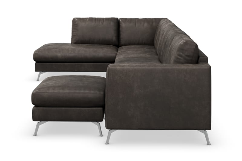 Ocean Lyx 6-seters Venstrevendt U-formet Sofa med Divan og Sjeselong + Fotskammel i Kunstlær - Mørk grå - Møbler - Sofaer - Sofaer med sjeselong