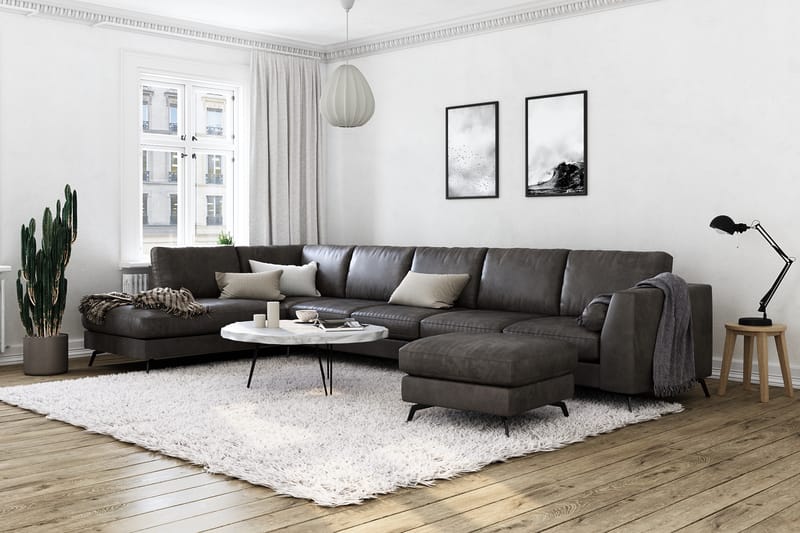 Ocean Lyx 6-seters Venstrevendt U-formet Sofa med Divan og Sjeselong + Fotskammel i Kunstlær - Mørk grå - Møbler - Sofaer - Sofaer med sjeselong