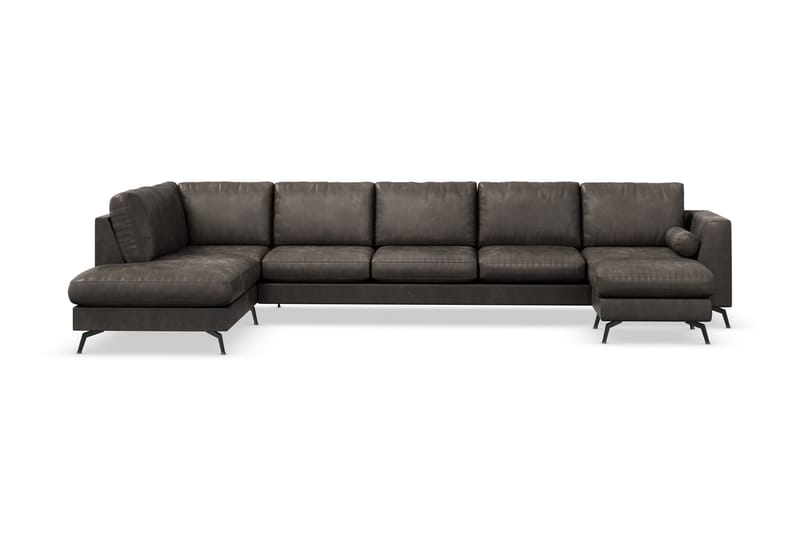 Ocean Lyx 6-seters Venstrevendt U-formet Sofa med Divan og Sjeselong + Fotskammel i Kunstlær - Mørk grå - Møbler - Sofaer - Sofaer med sjeselong