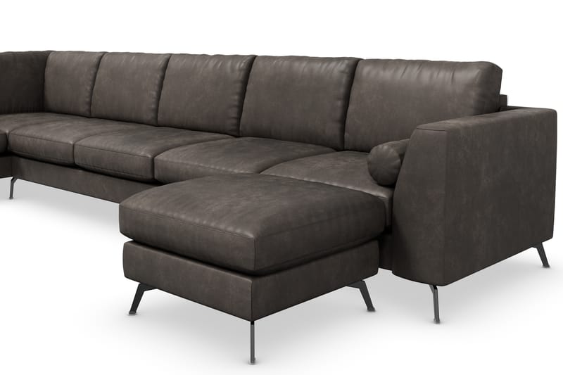 Ocean Lyx 6-seters Venstrevendt U-formet Sofa med Divan og Sjeselong + Fotskammel i Kunstlær - Mørk grå - Møbler - Sofaer - Sofaer med sjeselong
