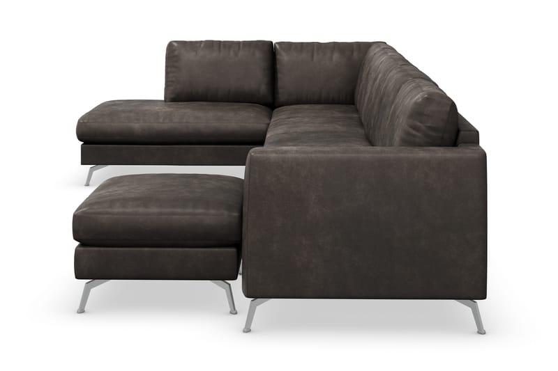 Ocean Lyx 6-seters Venstrevendt U-formet Sofa med Divan og Sjeselong + Fotskammel i Kunstlær - Mørk grå - Møbler - Sofaer - Skinnsofaer