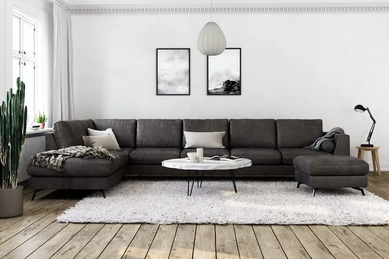 Ocean Lyx 6-seters Venstrevendt U-formet Sofa med Divan og Sjeselong + Fotskammel i Kunstlær - Mørk grå - Møbler - Sofaer - Skinnsofaer